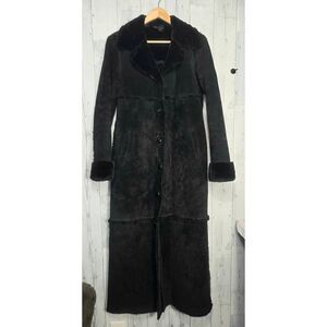 VTG 90s Y2K Leather Suede Faux Fur Lined Details Full Length Coat Sz. M